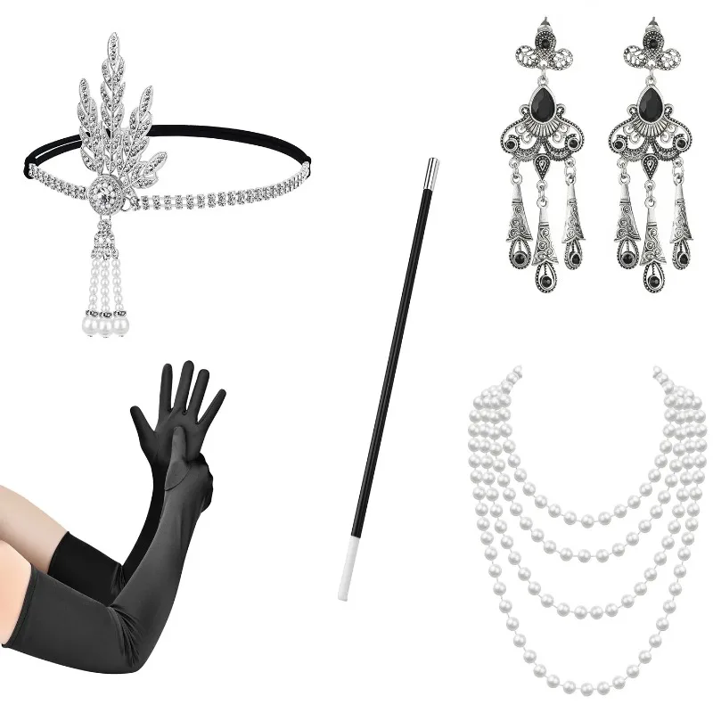 Gatsby Party Metal Leaf Headwear Alloy Headband Necklace Long Smoke Rod Glove Set 1920s Makeup Ball Accessories