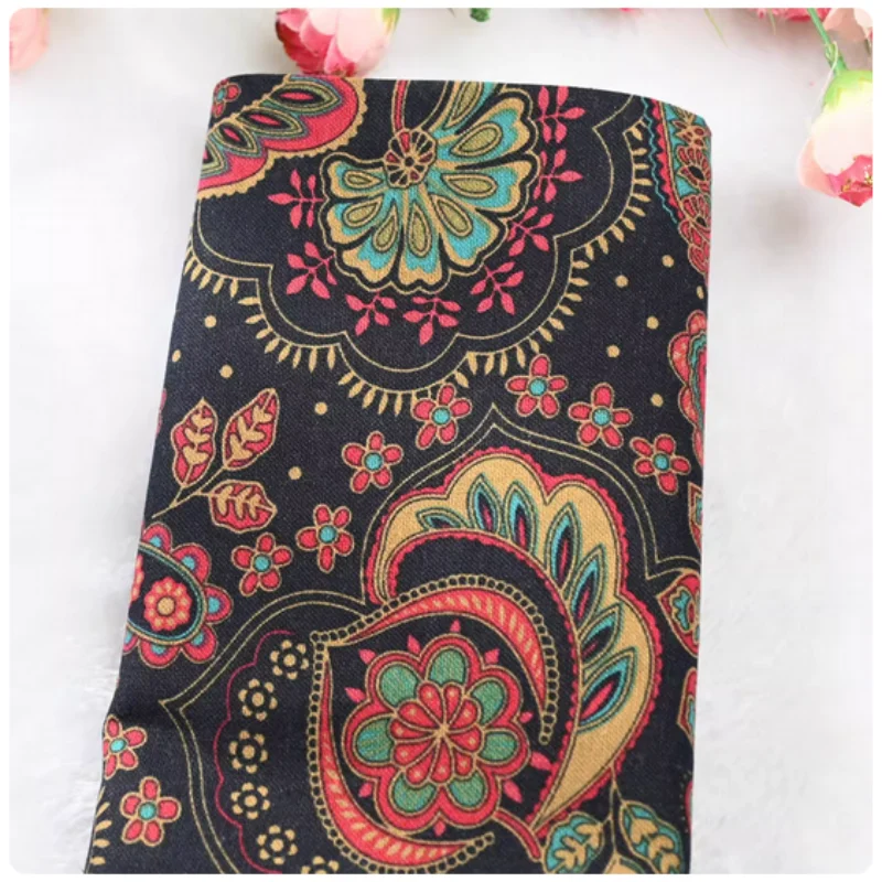 

Cotton Linen Fabric, Retro Black Bottom Big Flower Print, Handmade DIY Garment, Dress Sewing Cloth, CR-206