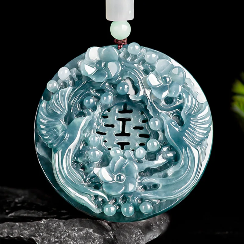 

Myanmar Jadeite Blue Water Double Happiness Magpie Pendant Hand-carved Exquisite Luxury Ice Jade Necklace Men Women Holiday Gift