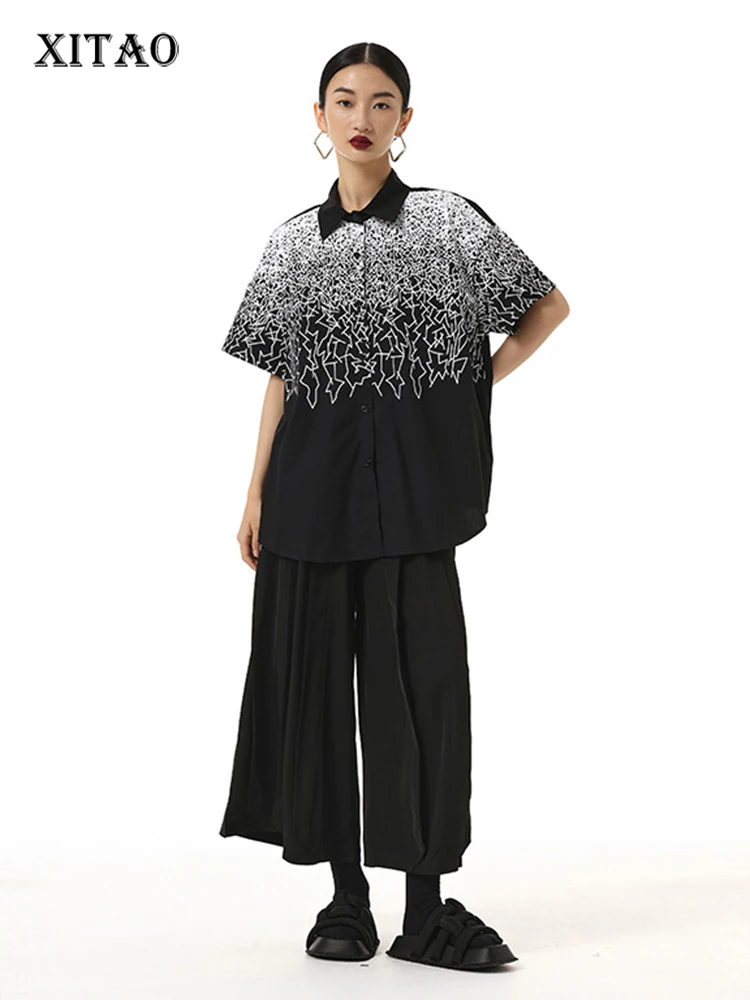 

XITAO Casual Female Short Shirt Contrast Color Geometry Print Women Top 2024 Spring New Loose Fashion Simplicity Shirt LYD1682
