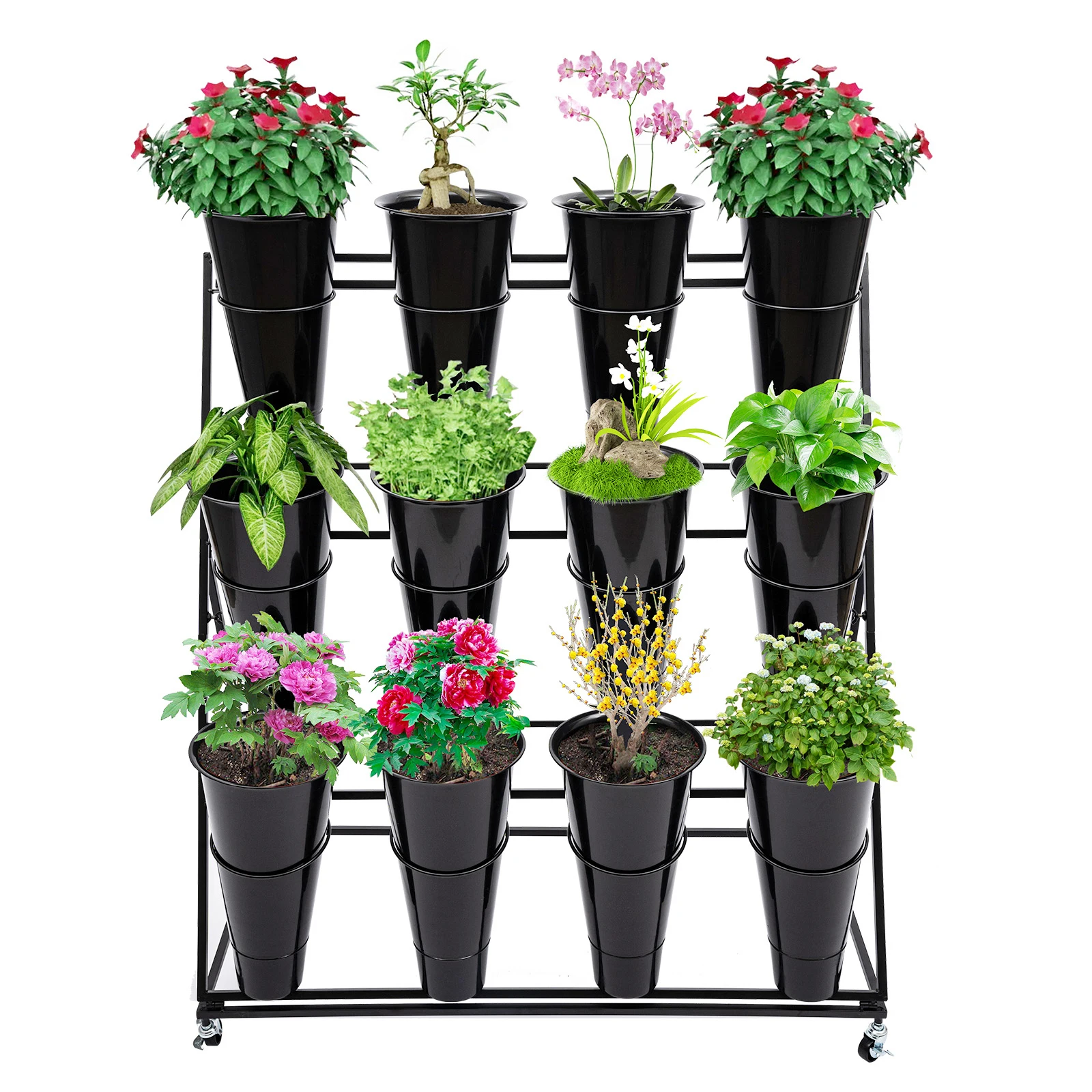 Metal Flower Display Stand com rodas, 3 Tier Flower Holder