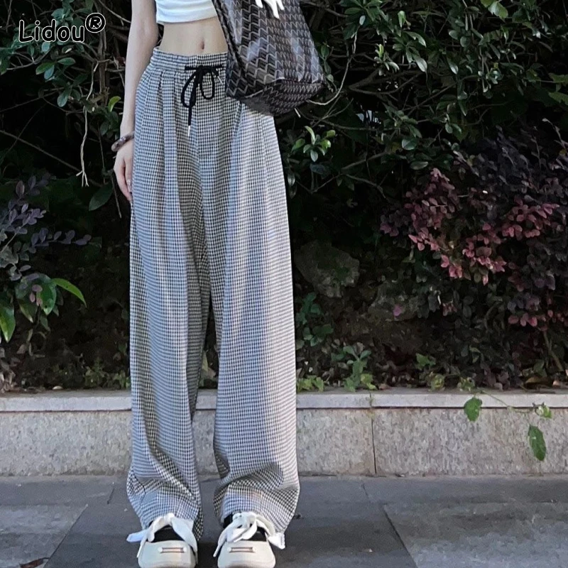 Pockets Lacing Elastic Waist Fashion Casual Plaid Handsome Loose-fitting 2023 Women\'s Clothing Spring Summer Thin Wide Leg Pants