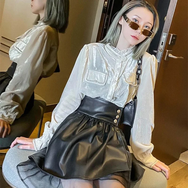 Y2K Spring Summer Short PU Leather Skirt 2025 New Grenadine Patchwork Black High-Waisted Skirt Fashion Sexy A Word Skirts Female