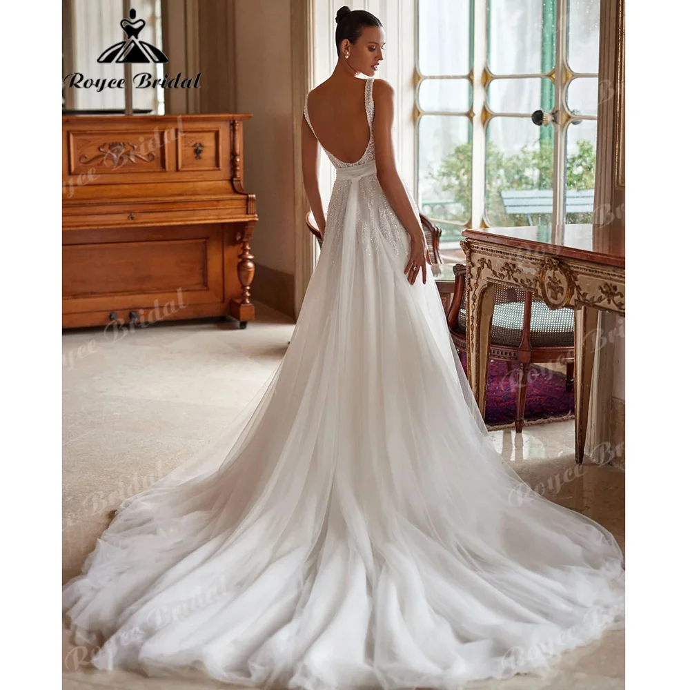 Deep V Beaded A Line Wedding Dress Low Scoop Back Multi-Layer Airy Tulle Cathedral Train Luxury Manor Bridal Gown Customized
