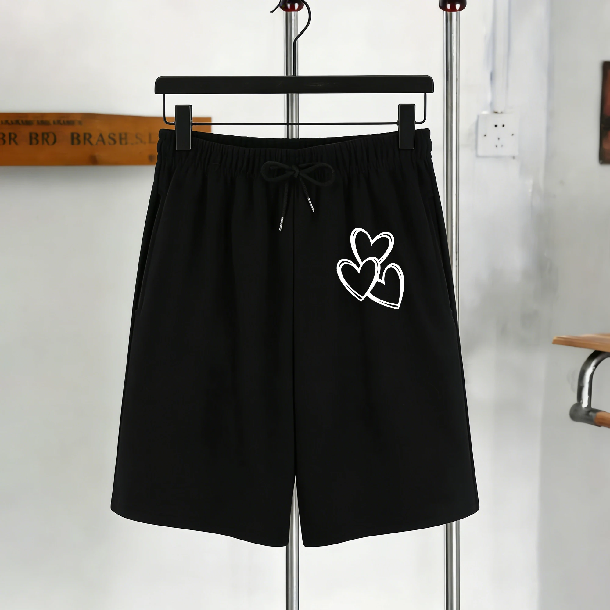 

Creative Hollow Out Heart Design Sports Pants Man Summer Pocket Sportwear Casual Loose Drawstring Shorts Unisex Streetwear