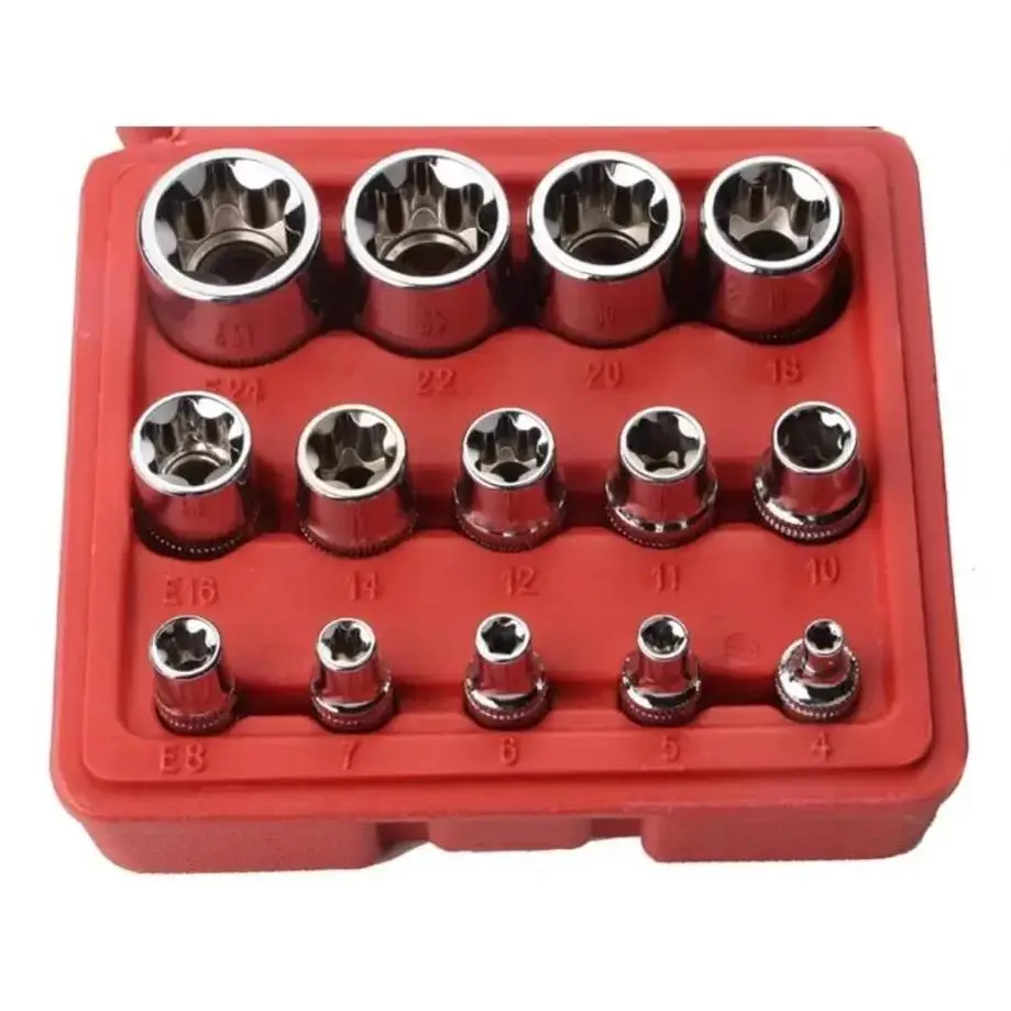 Nuevo Juego de 14 Llaves de Estrella E-Torx para Mujer con Estuche, Juego de Llaves de Estrella Externas de 1/4, 3/8, 1/2 Pulgadas, Juego de Llaves de Torque E4-E24