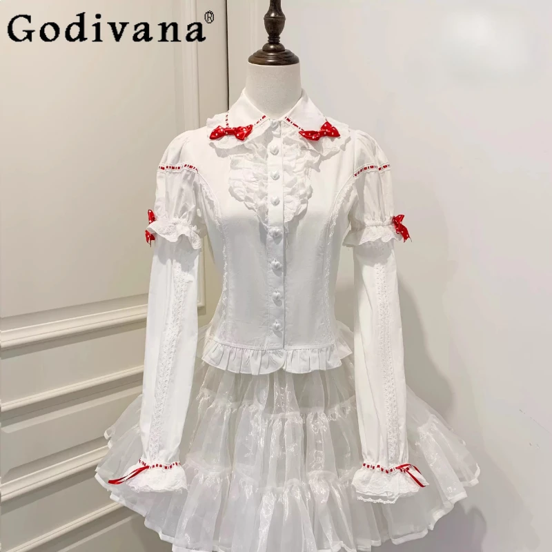

Оригинальная японская милая рубашка в стиле Лолиты, осенние милые рукава с бантом для девочек, кукольный воротник, кавайные блузки с короткими рукавами, топы Mujer