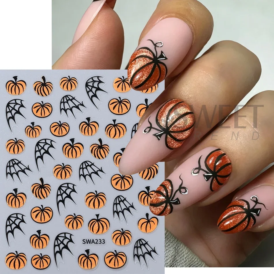 2 Stück Halloween-Nagelaufkleber, niedliches Cartoon-Design mit Kürbis, Fledermaus, Spinnennetz, Stern, Mond, selbstklebende Nagelaufkleber, Maniküre-Dekorationen – Detail 4