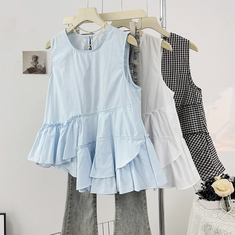 

Clothland Women Sweet Asymmetrical Blouse O Neck Sleeveless Irregular Shirt Female Chic Casual Tops Blusa WA339