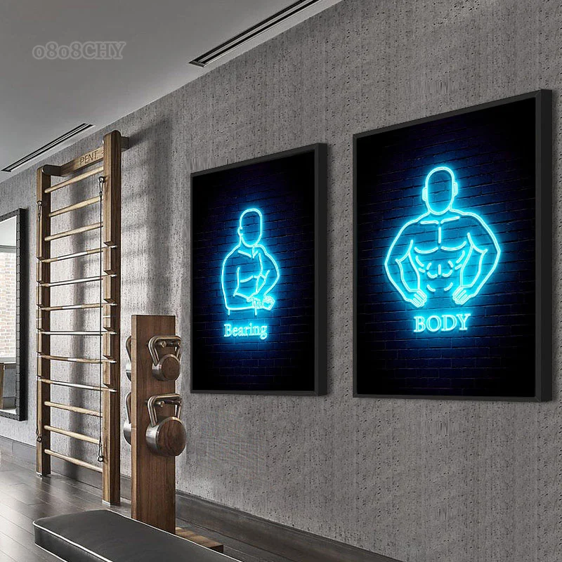 Fitness Neon Art Canvas Prints Paintings Fitness GYM Body Motivation Posters Bodybuilding Wall Art Pictures for Home Gym Decor