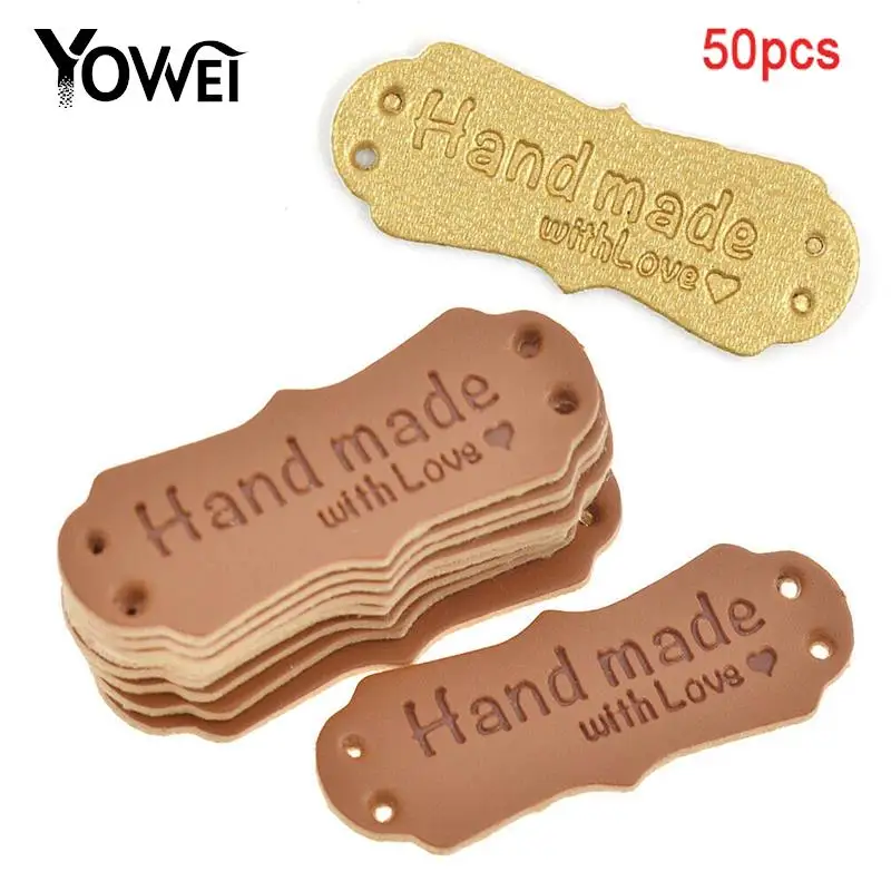 50pcs Hand Made With Love Label PU Leather Labels Tags For Handmade DIY Hats Bags For Clothes Sewing Tags Garment Accessories