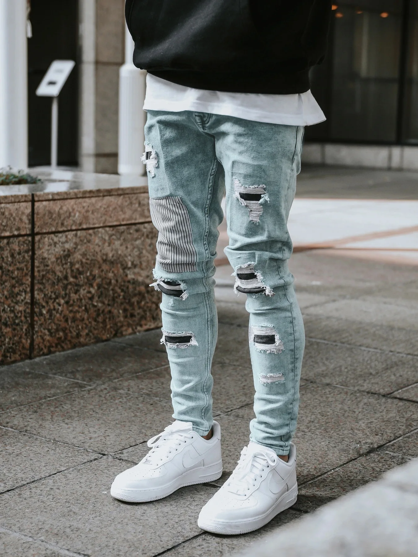 Grey Staight Jeans RIipped Patchwork Jeans Hight Quality Men Denim Pants Fashion Designer Brand Hip Hop Clothing Male 2023 New