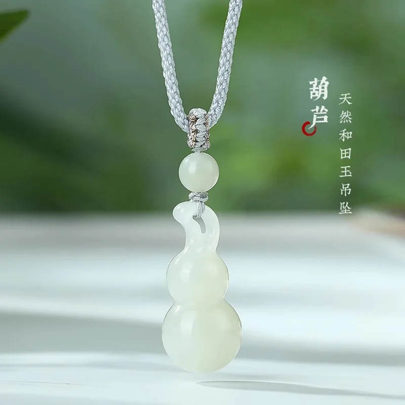 

Natural Hetian Jade Gourd Pendant Authentic Blessing Luck Female Style Braided Cord Jade Necklace Chinese Style Pendant Gifts