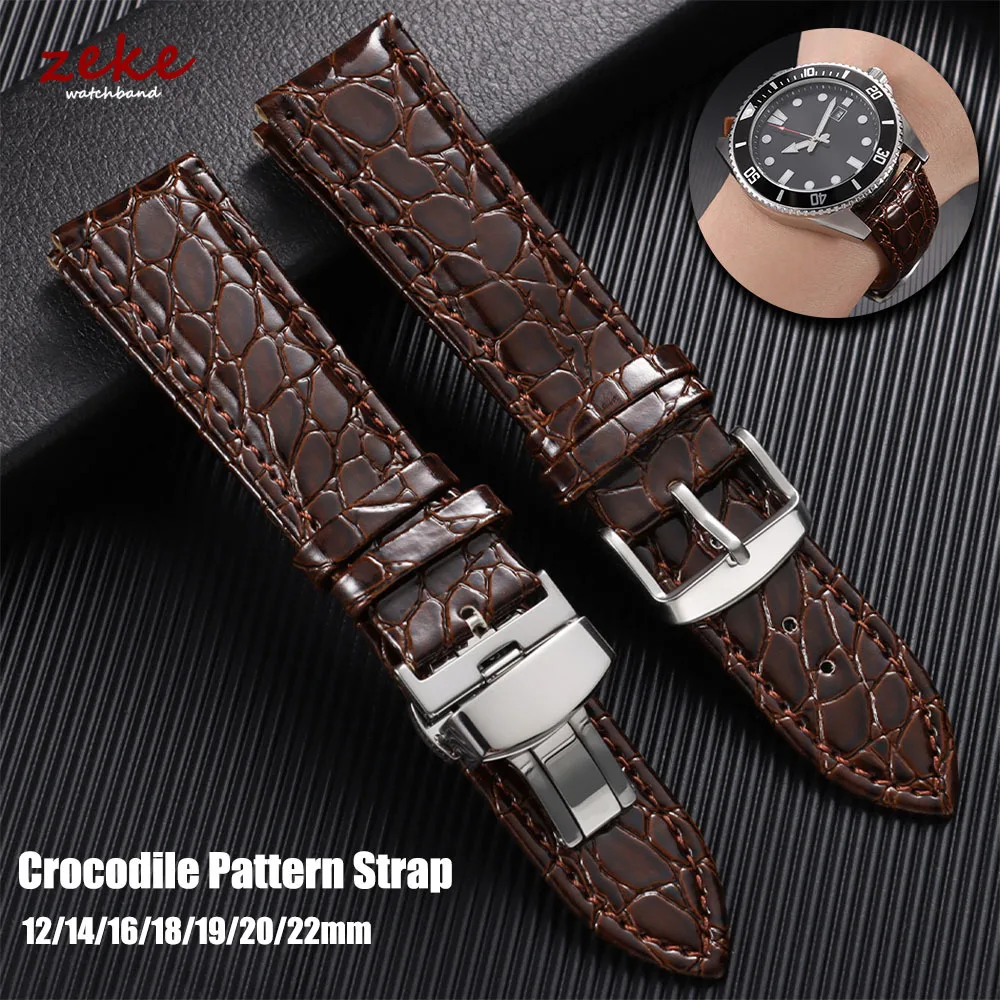 

Butterfly Buckle Crocodile Pattern Leather Watch Strap 12/14/16/18/19/20/22mm Watchbands Soft Casual Business Wristwatch Band