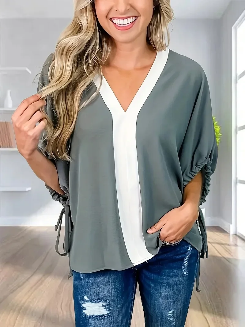 

Plus Size Women's V Neck Half Sleeve Drawstring Shirt Casual Shirts Tops Elegant Short Sleeve Blouse