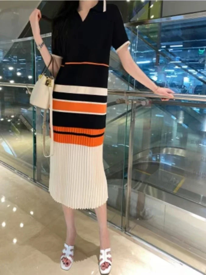 Knitted Ice Silk Summer Dress Women Contrast Color Short Sleeve Casual Loose Pleated Midi Long Dresses Vestidos Korean Fashion