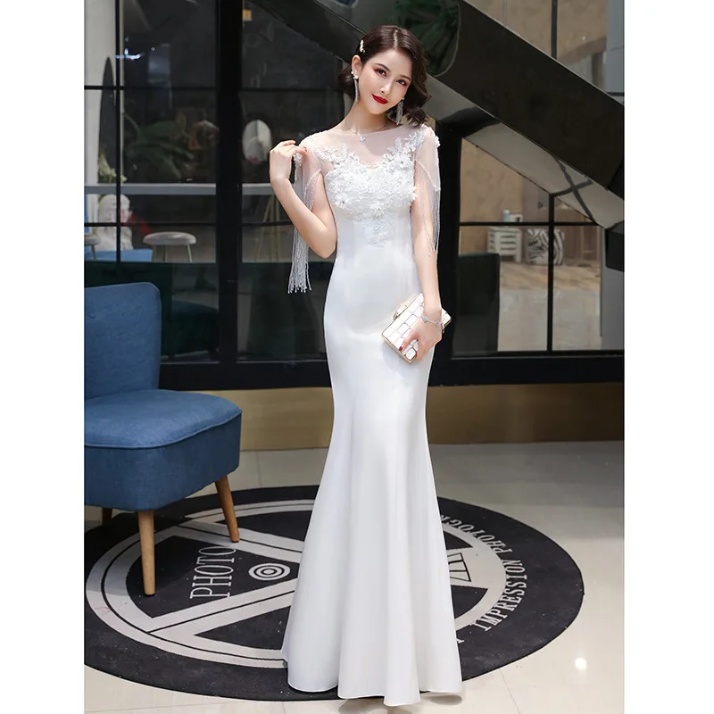 White temperament long elegant fishtail banquet ballroom dance dress women competition drag queen costumes