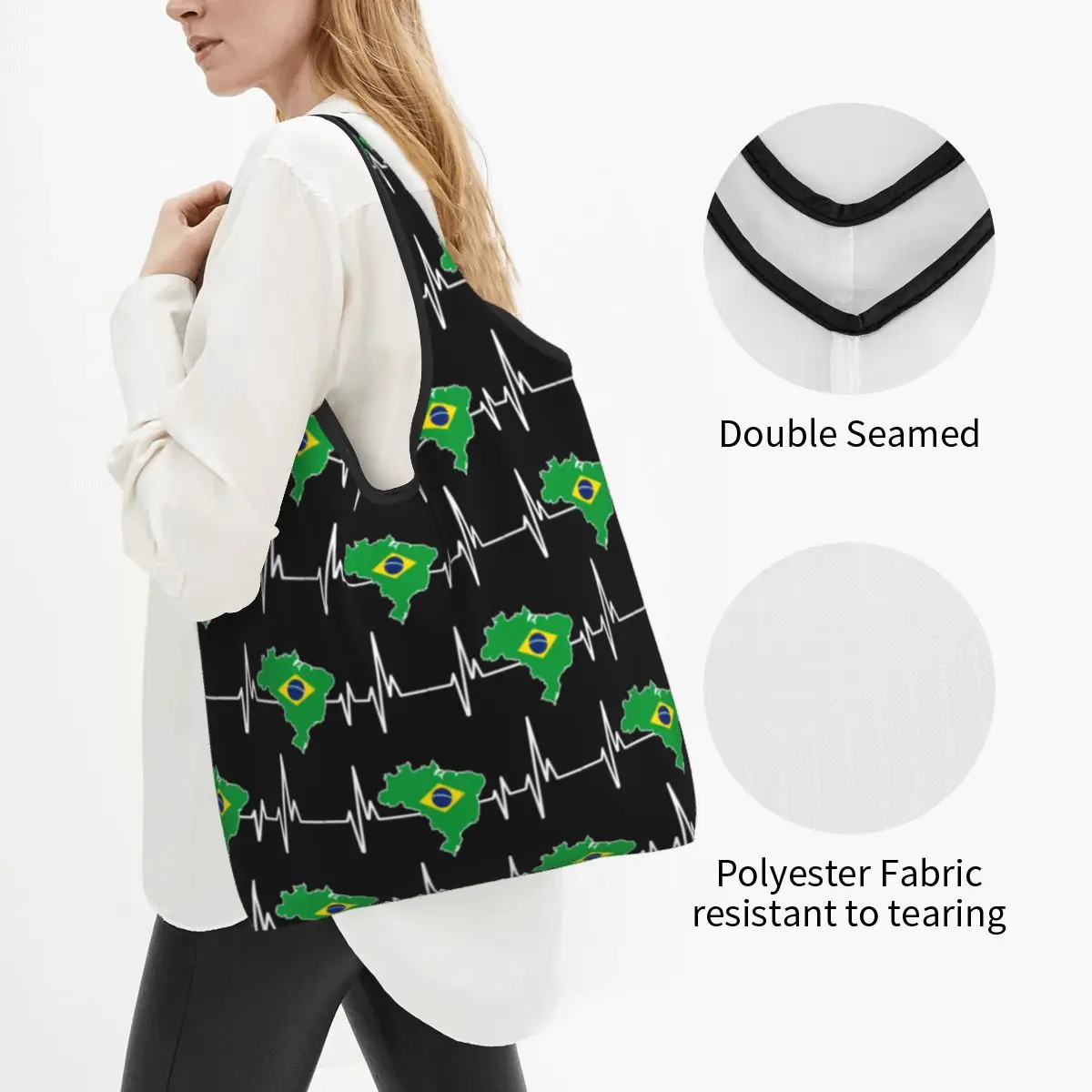 Kawaii Heartbeat Design Brazilian Flag Brazil Shopping Tote Bags Portable Brazilian Proud Grocery Shopper Shoulder Bag