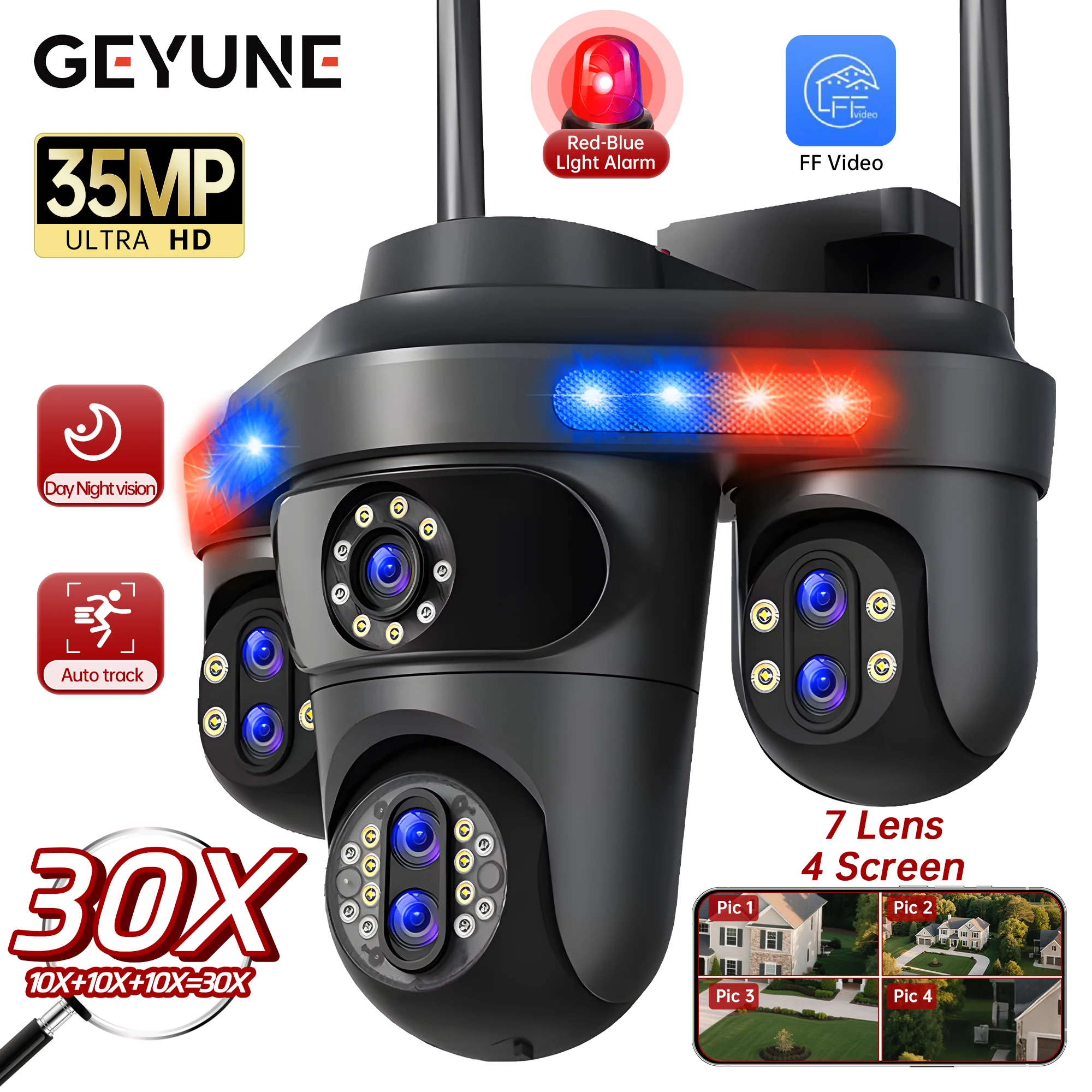 

GEYUNE 35MP Four Screens WiFi Security Camera Outdoor Seven Lens Three PTZ 10X Digital Zoom Cameras Auto Tracking CCTV Camera