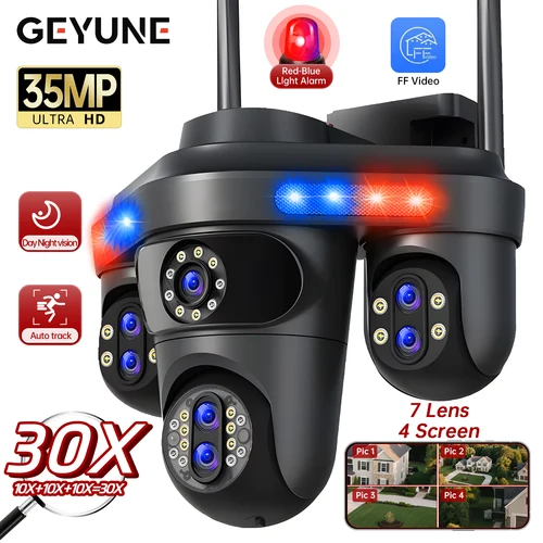 GEYUNE 35MP cuatro pantallas WiFi cámara de seguridad al aire libre siete lentes tres PTZ 10X cámaras con Zoom Digital seguimiento automático cámara CCTV