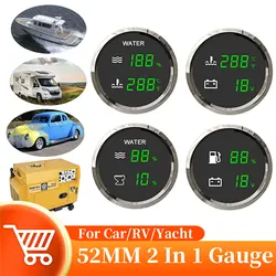 52MM Unversal 2 In 1 Gauge Water/Fuel Level Gauge Voltage Sewage Level Meter With Alarm For Marine Boats Truck Bus Car 12/24V