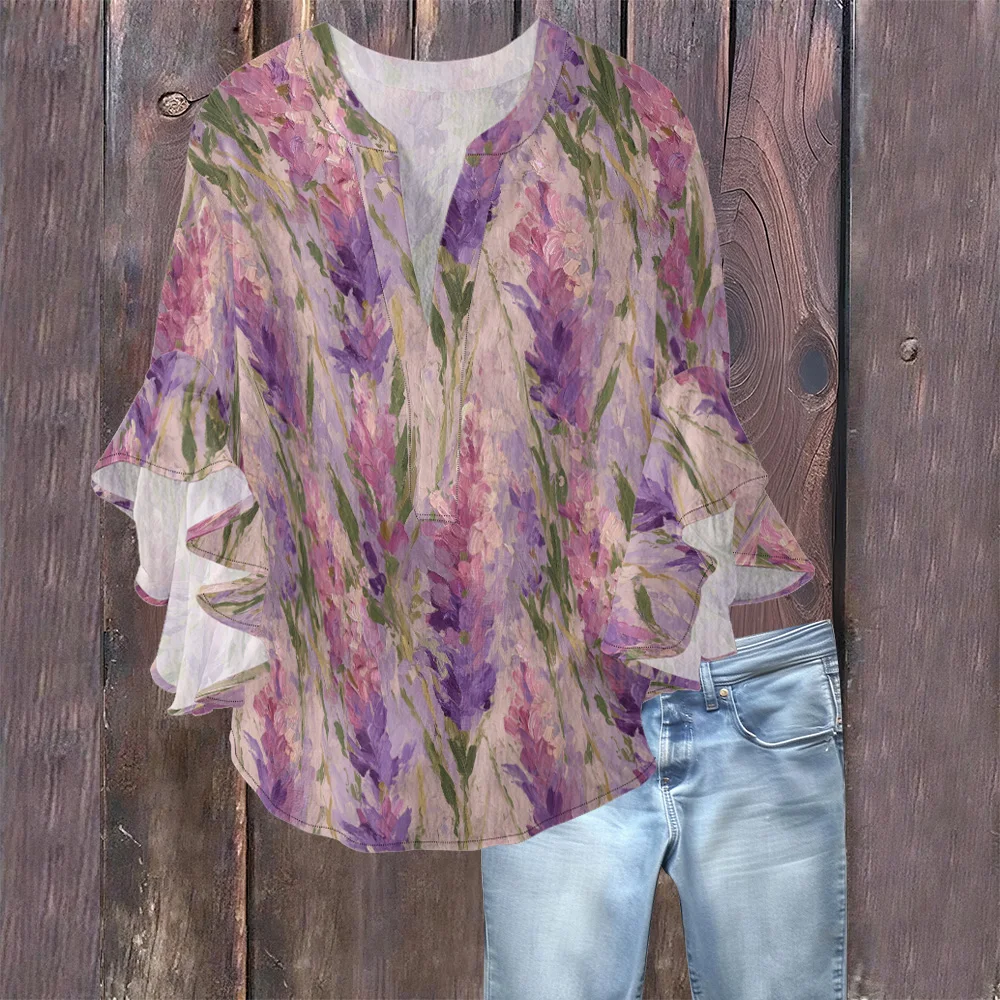 

Purple Tulip Pattern Spring Summer Women's Fashion Blouse V-Neck Flowy Flared Sleeve Shirts Light Pink Romantic Date Outfits