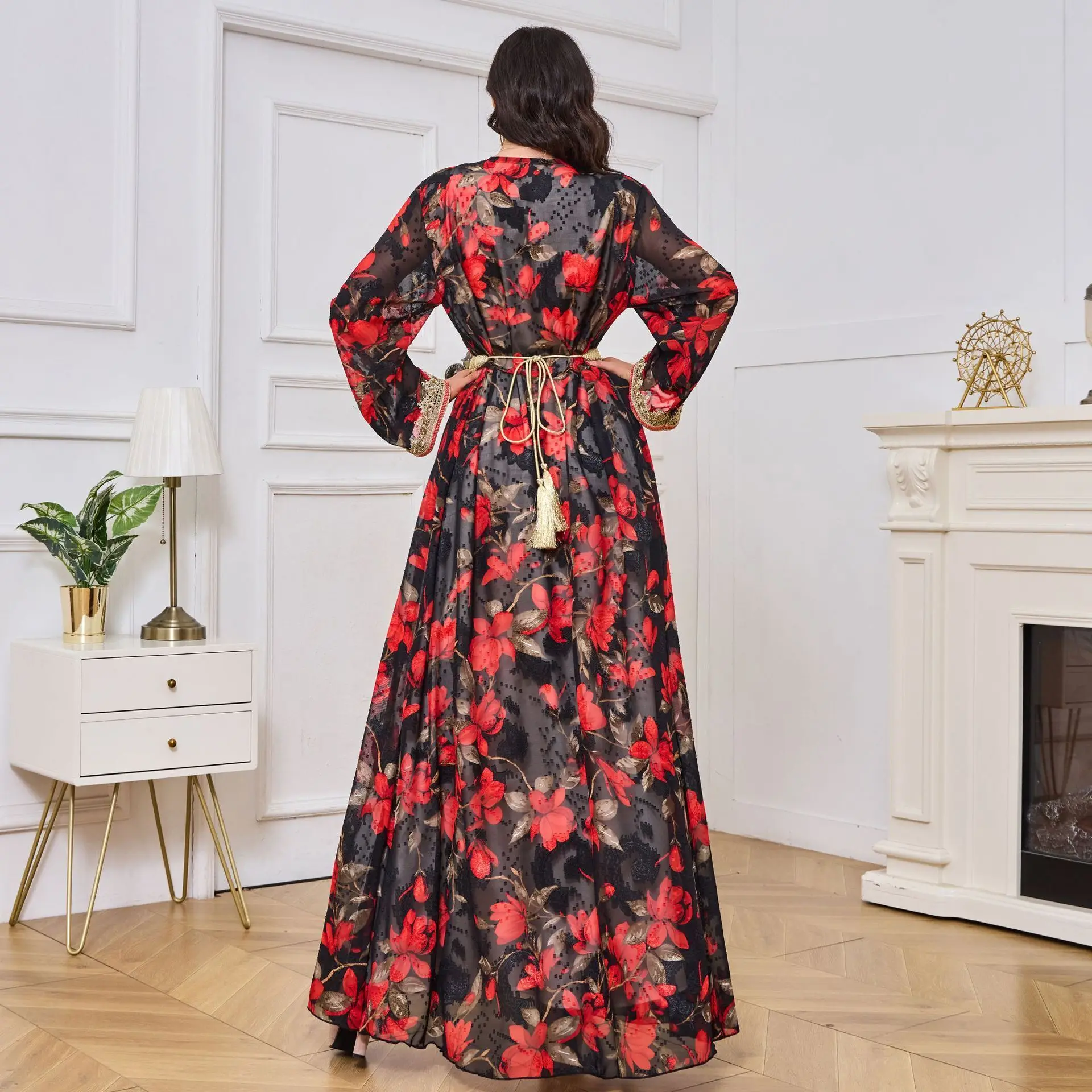 MT043 new women's long sleeved skirt printed Muslim cardigan two-piece long robe set