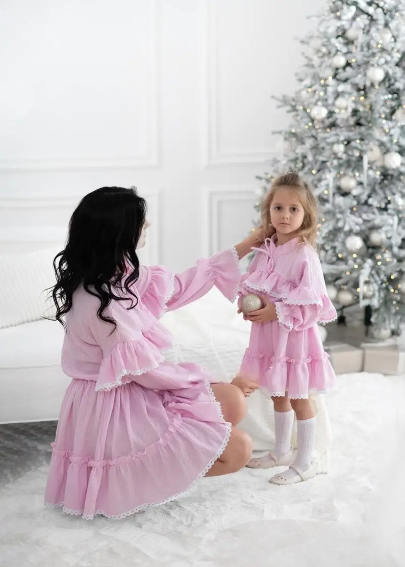 Matching Mommy and Me Outfits EasterSpecial Mother Daughter Dress Pink Dress for Mum and Kids Birthday Party