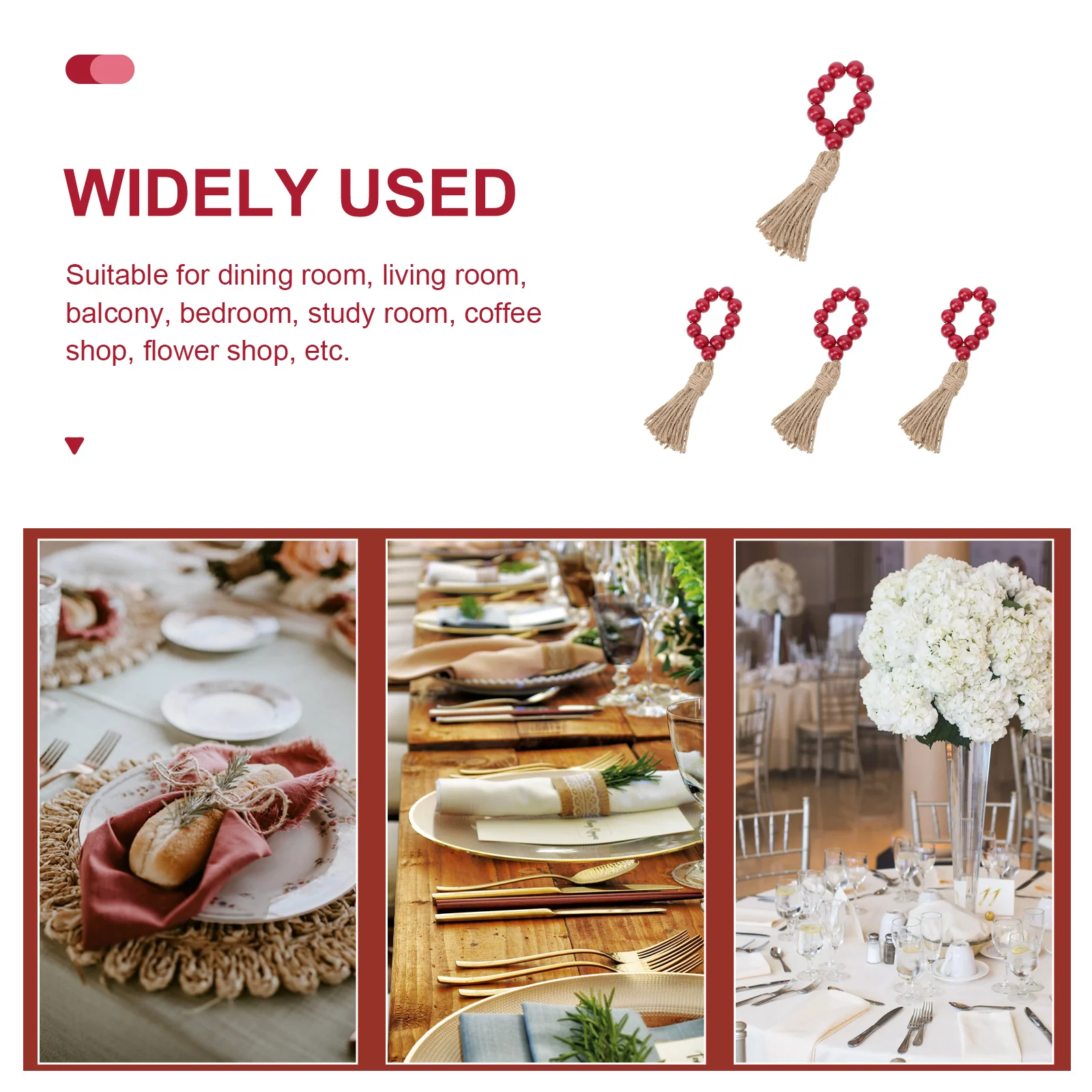 

4pcs Wooden Bead Napkin Rings Farmhouse Style Colorful Tassel Buckles Natural Material Decorative for Weddings