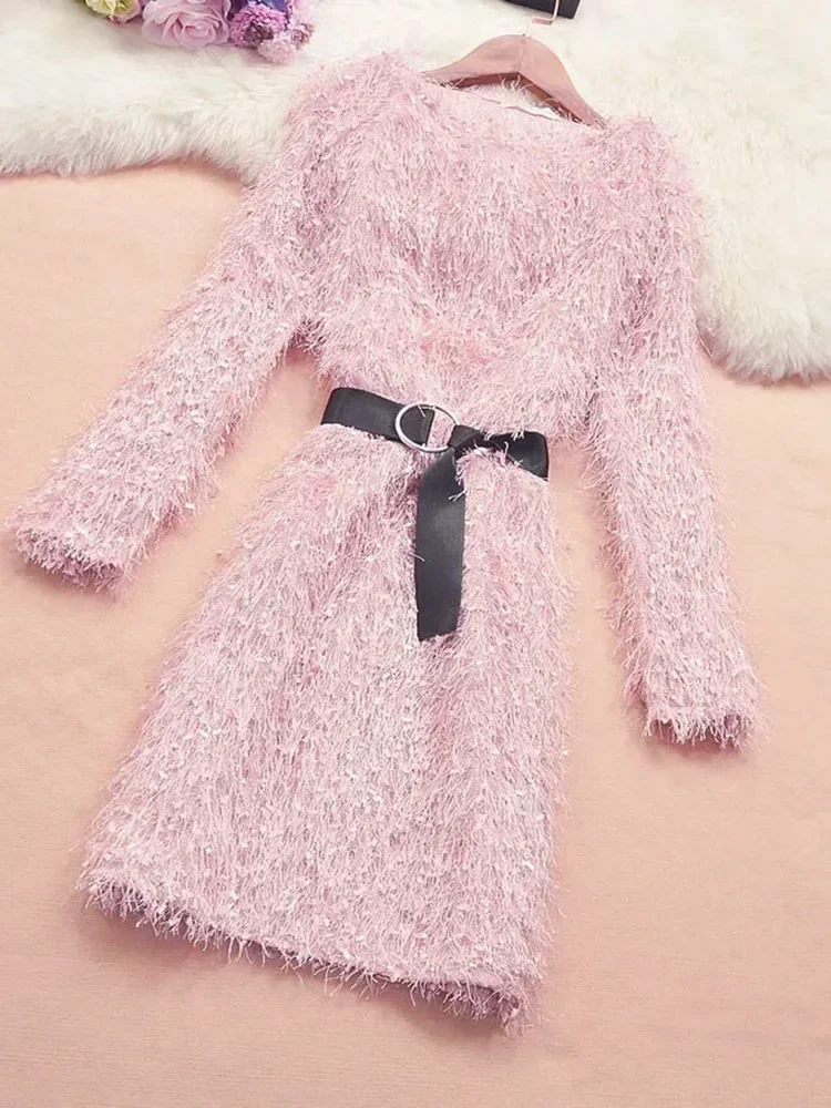 Abito tubino da donna Cintura con fiocco Nappa Manica lunga Vita alta Solido Aderente Francia Lady Mini abiti Donna Vestido Donna LS176