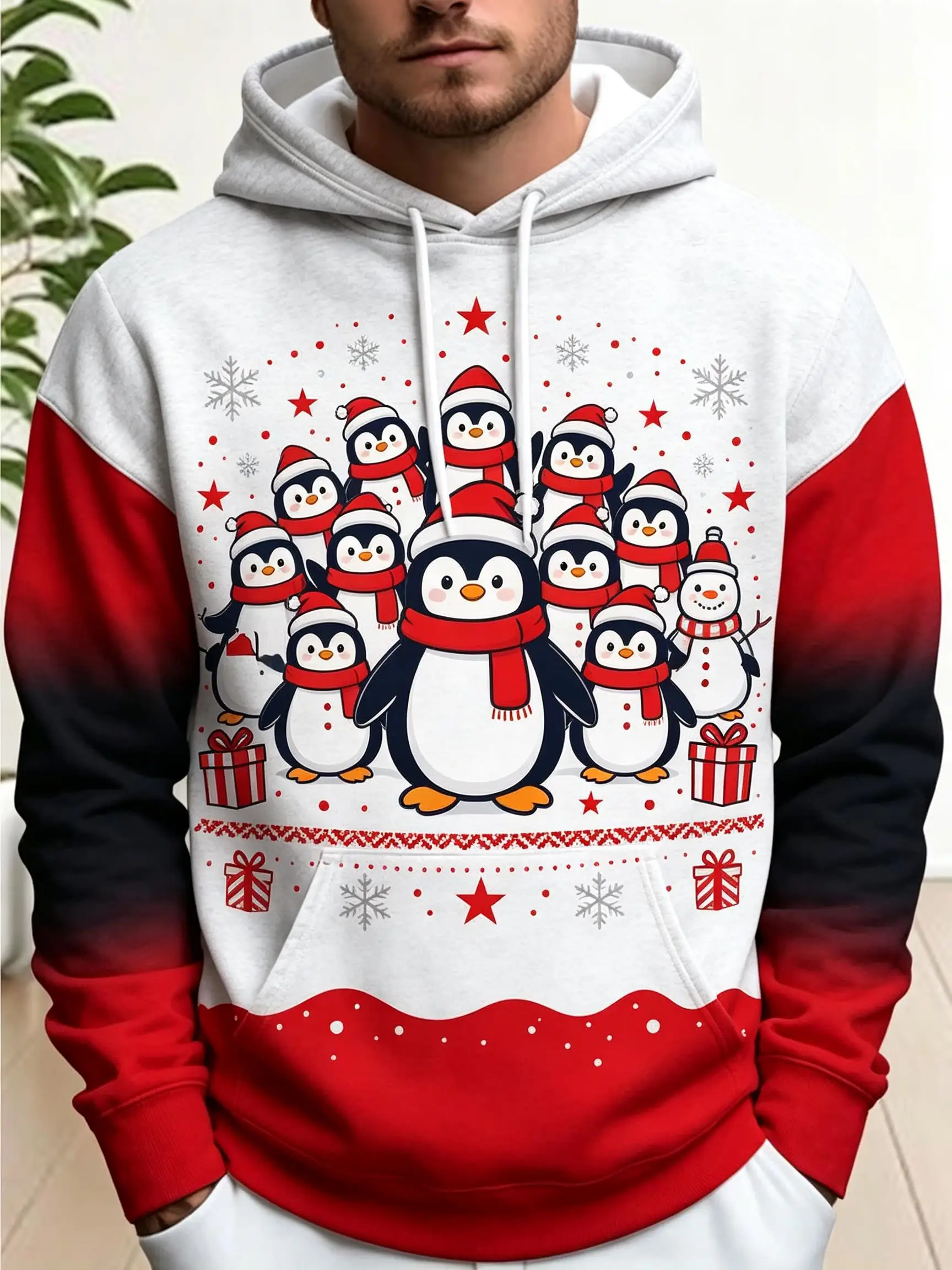 2026 Fashion Men Thin Sweatshirt Autumn Winter Hoodie Xmas Penguin Family Graphic Print Long Sleeve Male Tops Men's Clothes