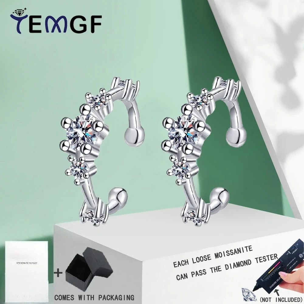 

TEMGF 1 Pair Full Moissanite Clip Earrings With GRA for Women Fashion Luxury Hip Hop Party Sparkling Jewelry 925 Sterling Silver