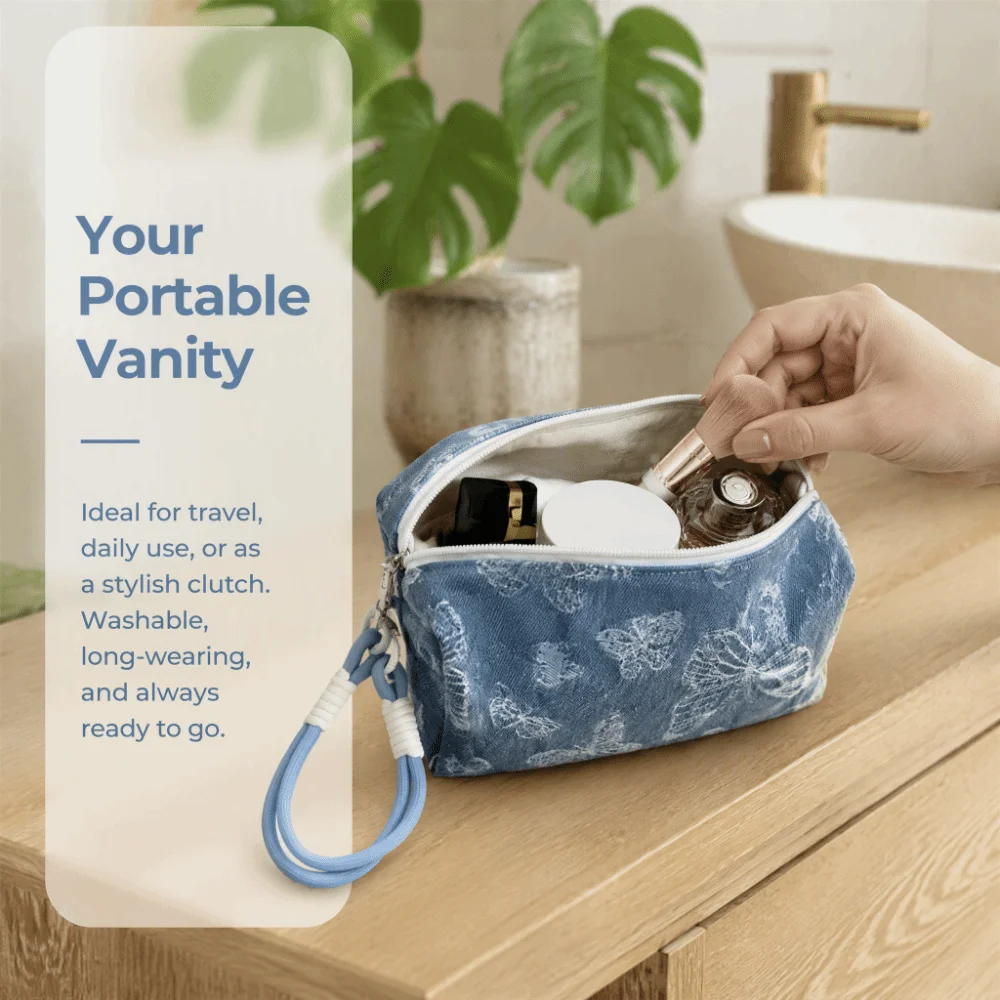 Large Capacity Butterfly Print Cosmetic Pouch Puffy Heart Storage Pouch Organizer Zipper Washable Clutch Handbag Sanitary Napkin