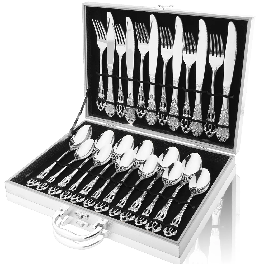 

24Pcs Silver Luxury Dinnerware Set Stainless Steel Western Vintage Cutlery Set Knife Fork Spoon Flatware Festival Tableware Gift