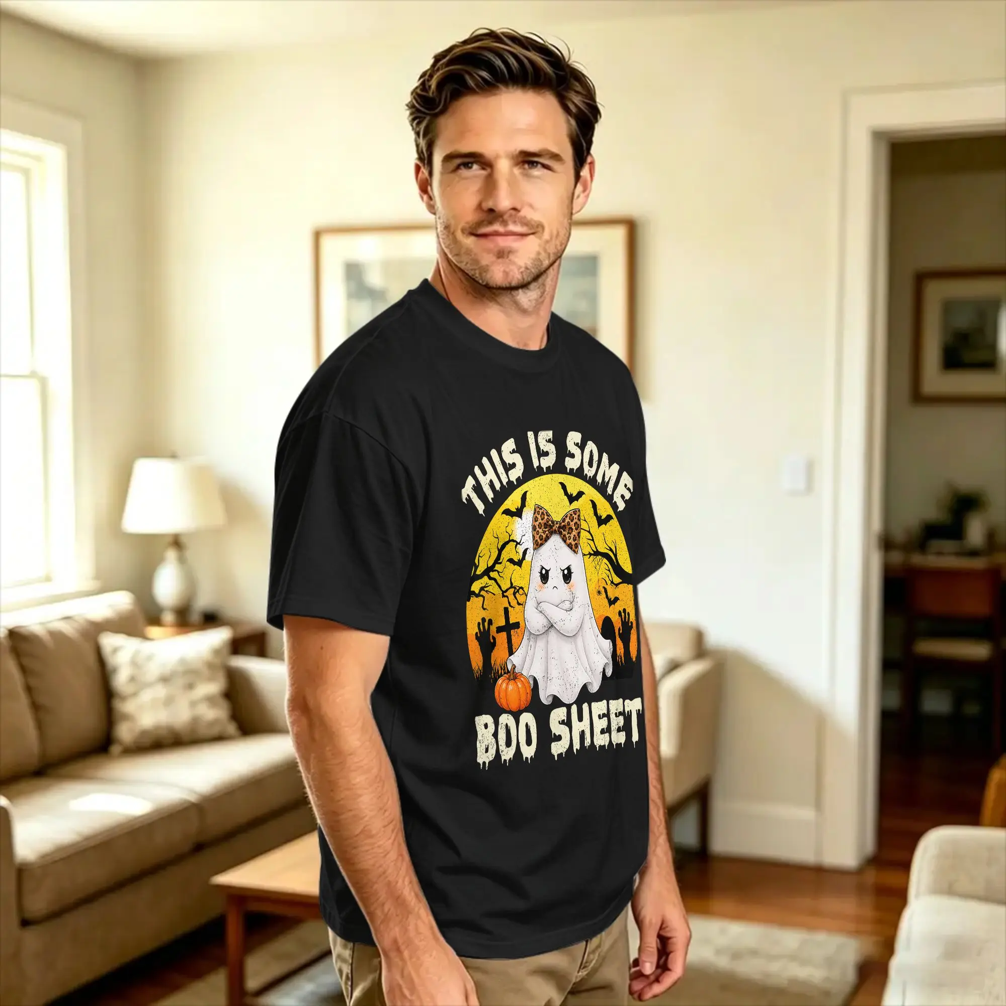 Oversized T-Shirt Beach Halloween This is Some Boo Sheet Ghost Moon Hip Hop T-Shirts  100% Cotton Tee Shirt Short Sleeve Tees