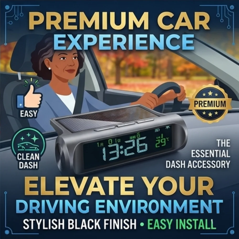 Solar Powered Car Clock Thermometer Digital Time Date Week Year Temperature Monitor for Vehicle Dashboard Auto On Off Black