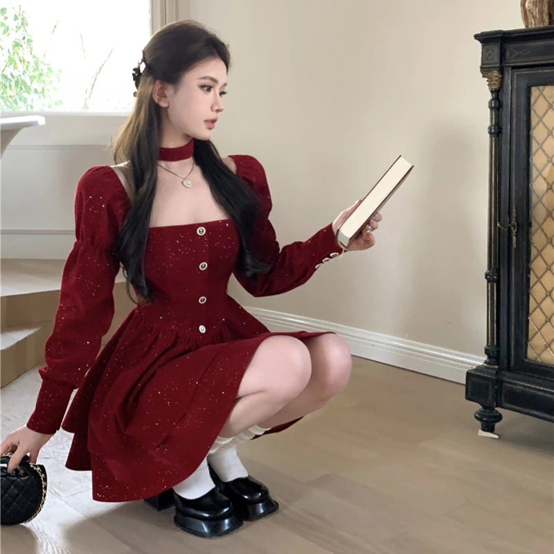 Long Sleeve Velvet Dress Women Princess Square Collar Autumn Buttons Ruffles Bling Design Fashion Temper Elegant Seductive New