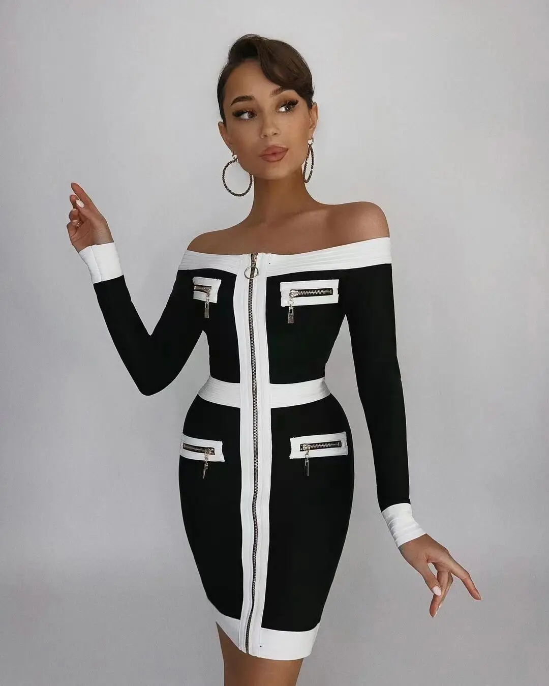 

2022 New Spring Dress Sexy Vintage Luxury Slash Neck Evening Party Mini Dress Women Long Sleeve Rayon Bandage Ladies Dresses