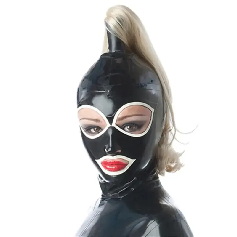 

Black Latex Hood White Trim Blond Ponytail Back Zipper,Rubber Mask with Golden Wig Cosplay Party Wear Costume Props hjk.5