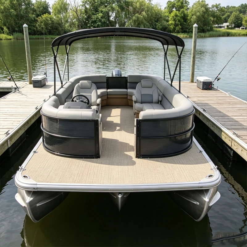 22ft single-layer Stable Floating Pontoon Boat Black Body With High Back Captain Chair Customized