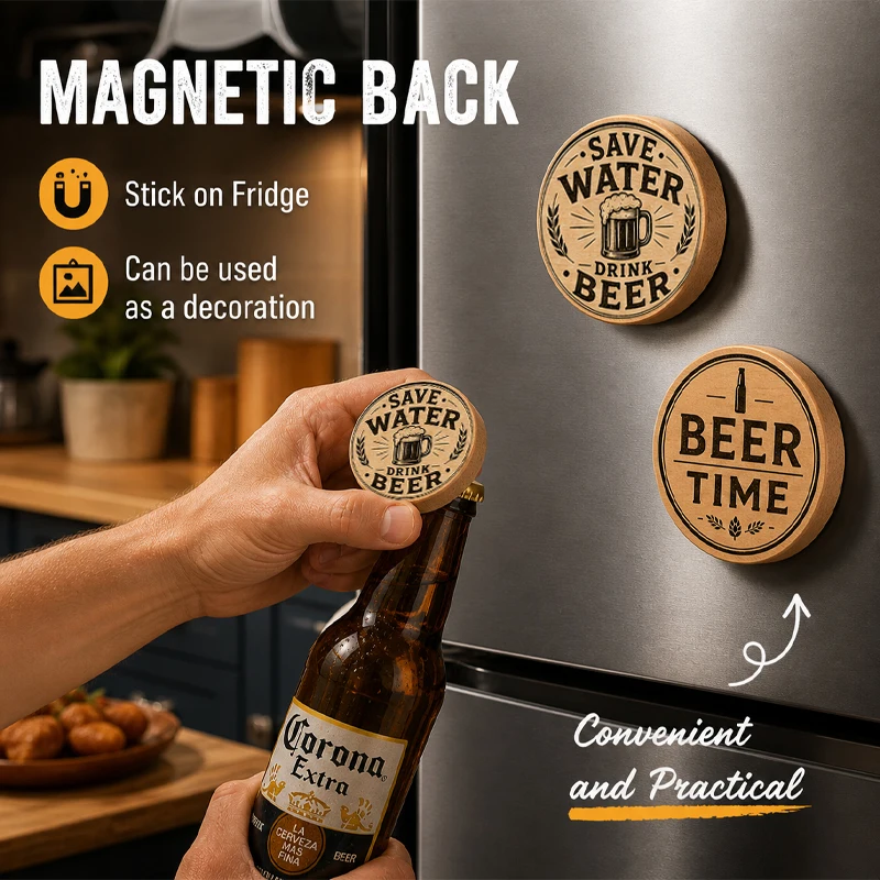 Wooden Magnetic Bottle Opener Beer Opener Wall Mounted Fridge Magnet Cap Catcher Kitchen Bar Tool Gift for Men Dad view 2