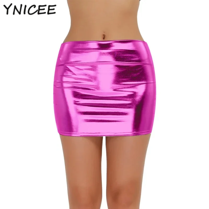 

Сексуальная мини-юбка с мокрым эффектом, блестящая женская короткая юбка из лакированной кожи, женская вечерние яркая юбка, металлическая танцевальная юбка, одежда для ночного клуба