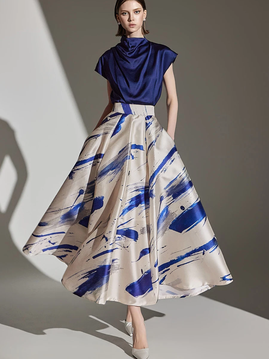 

Шелковая атласная юбка трапециевидной формы с принтом и высокой талией, женская юбка длиной до бедра, весенне-осенний сезон, большой качели