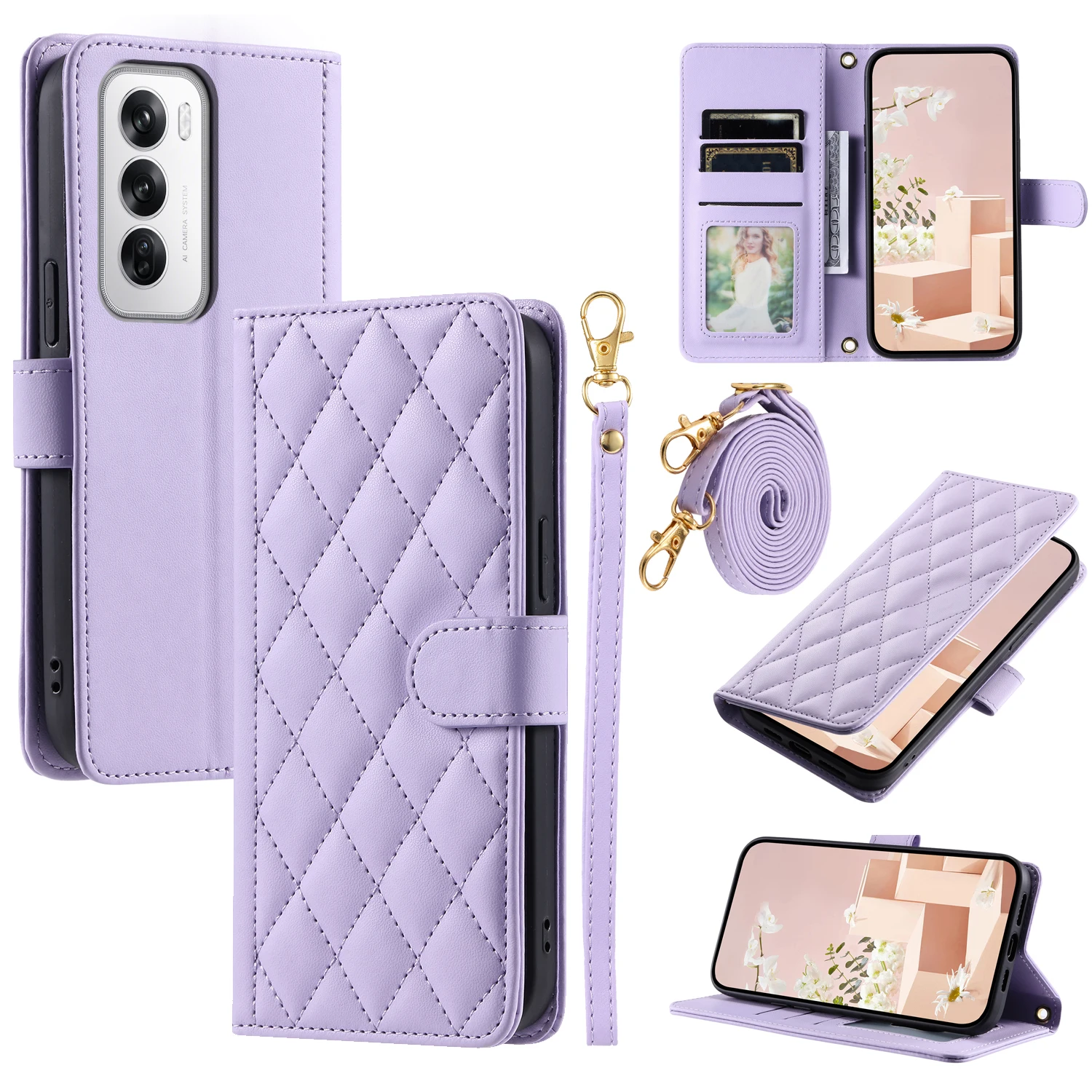 

Для OPPO A58 4G чехол для телефона через плечо с длинным ремешком на спине силиконовый защитный чехол флип кожаный чехол