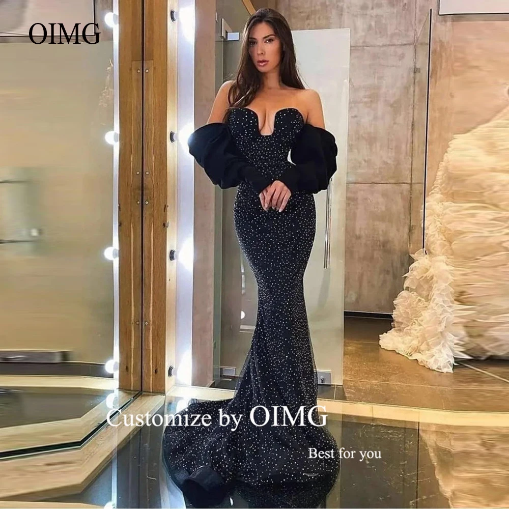 Couture Black Dotted Mermaid Evening Prom Dresses Sweetheart Puff Sleeves Floor Length Dubai Women Sexy Party Formal Gowns