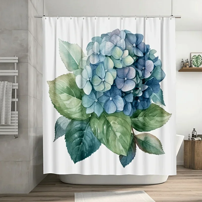 

~O~1 шт. синяя гортензия с цветочным рисунком занавеска для душа с зелеными листьями, прочный полиэстер, можно стирать в машине для декора ванной комнаты и ванны