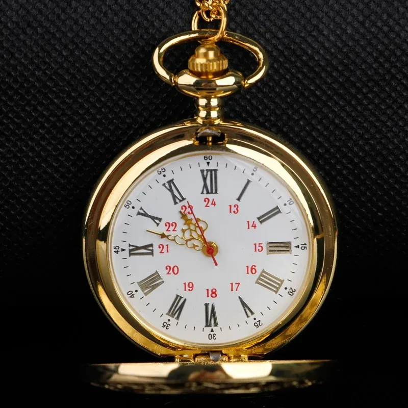 ساعة جيب كوارتز منقوشة بالذهب أرقام رومانية مينا بيضاء سلسلة بدلاية فريدة من نوعها هدية مجوهرات للنساء والرجال