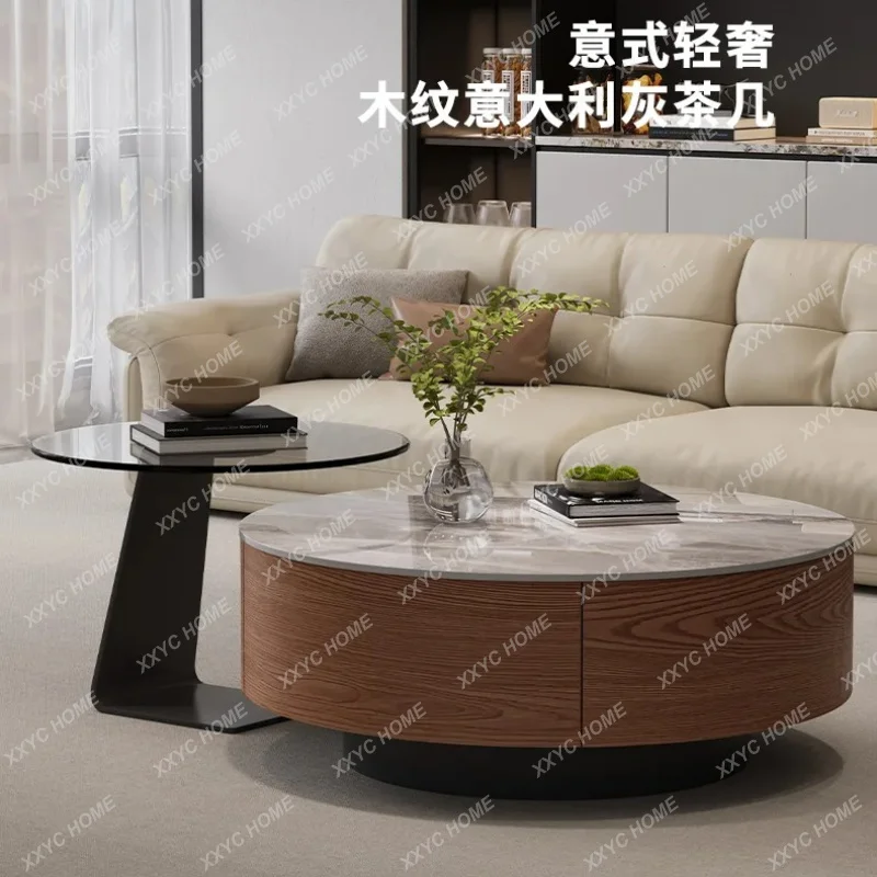 XXlight luxury round rock slab coffee table storage living room small apartment creative design solid wood walnut color