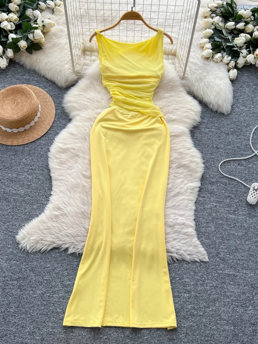 Foamlina Trendy Mesh Patchwork Bodycon Long Dress Women 2025 Summer Hot Sexy Cinched Waist Slim Fit Sleeveless Bodycon dress