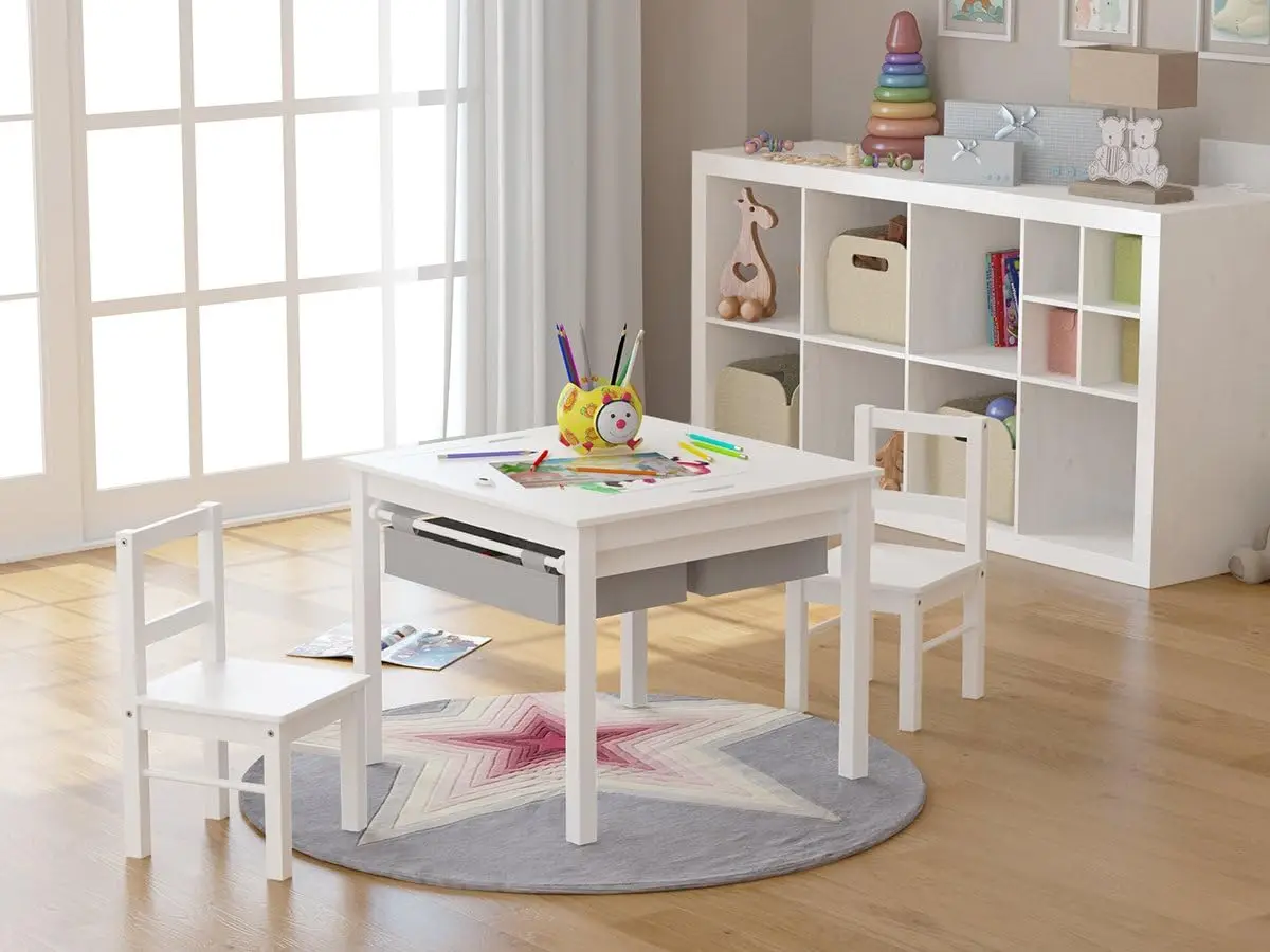 Construction Play Table and 2 Chairs Set with Storage Drawers, and Built in Plate Compatible with Lego and Duplo Bricks (White w